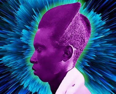 A purple person with a blue and black background.