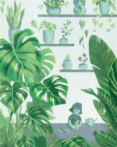 An illustration of a person and potted plants. 