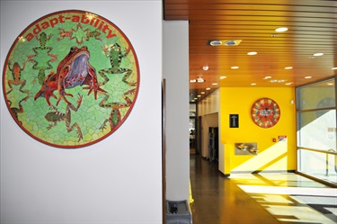 A mosaic medallion in a hallway. 