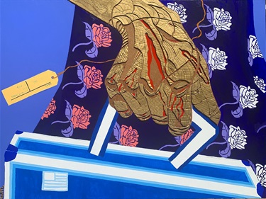 A piece of artwork showing a hand holding a handle. 