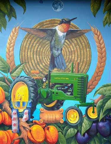 A painting of a hummingbird, a tractor, and fruits. 