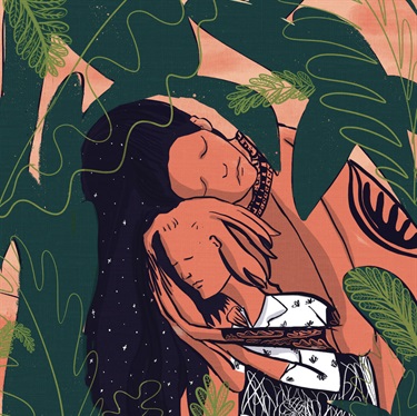 An illustration of two people and abstract shapes.