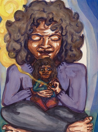 A painting of two people sitting. 