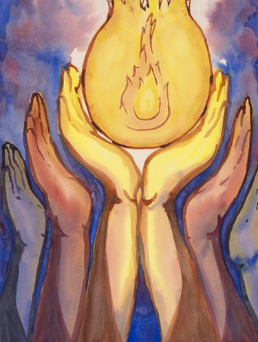 A painting of hands holding a yellow object. 