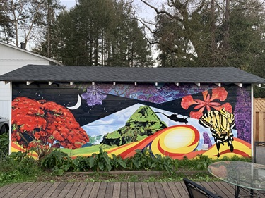 A mural on the side of a building. 