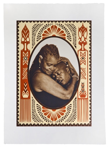 Two people embracing with an abstract border. 