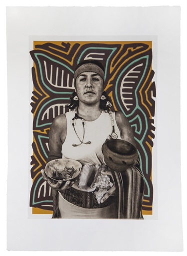 A person holding items with an abstract background. 