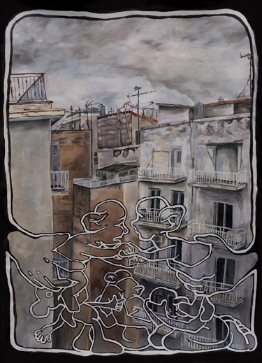 A painting of a building and abstract figures. 