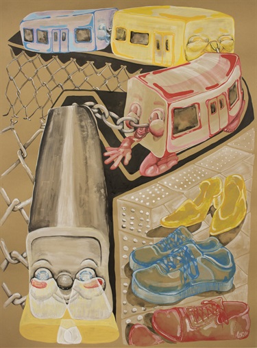 A painting of a train and shoes. 