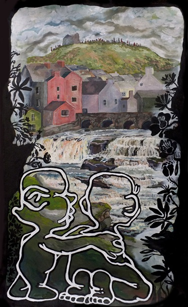 A painting of a landscape and abstract figures. 