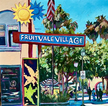 A painting of a city building.