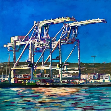 A painting of cranes near water.