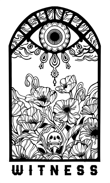 A black and white printed artwork. 