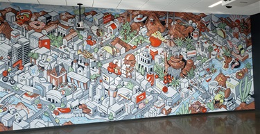A mural painted on a building wall. 