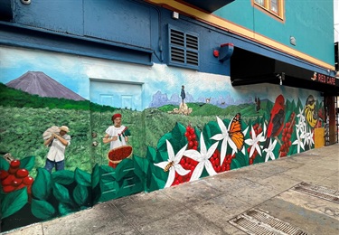 A mural painted on a building wall. 