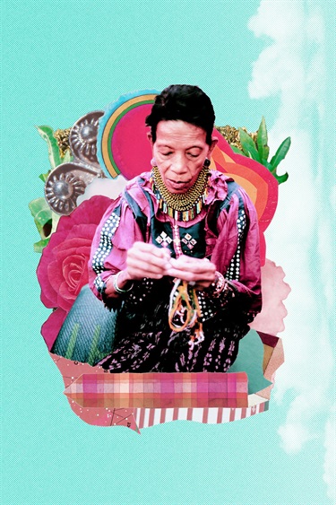 A collage of many images with a single person in the center.. 