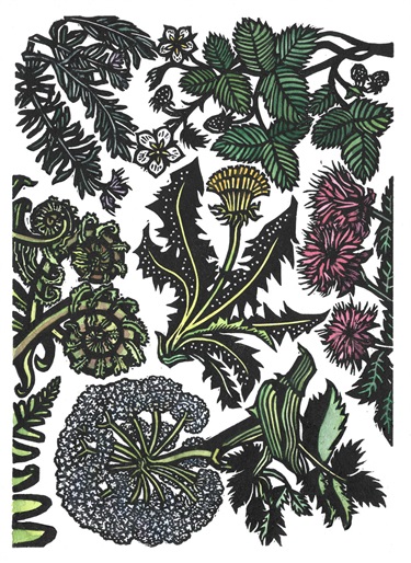 A print of different flowers and leaves.