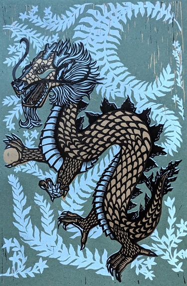 A print of a dragon. 