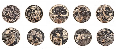 A series of circular artwork.