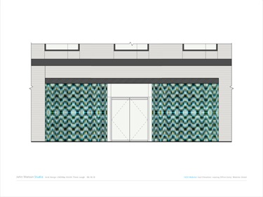 A rendering of an abstract artwork on the side of a building.