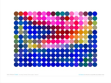 A piece of abstract artwork made of colorful circles. 