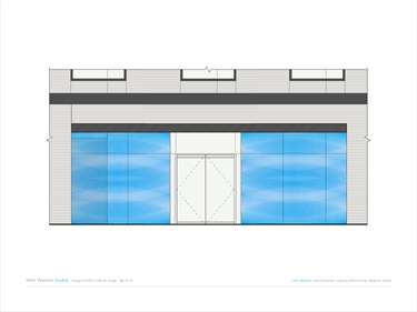 A rendering of an abstract artwork on the side of a building.