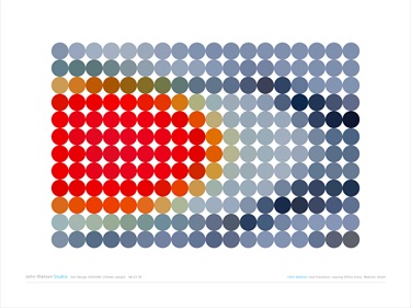 A piece of abstract artwork made of colorful circles. 