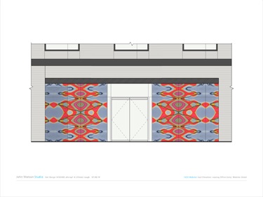 A rendering of an abstract artwork on the side of a building.