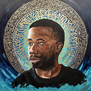 A painting of a person with a design in the background. 