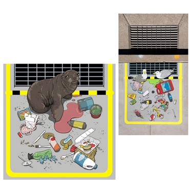 A painting on the sidewalk next to a gutter. 