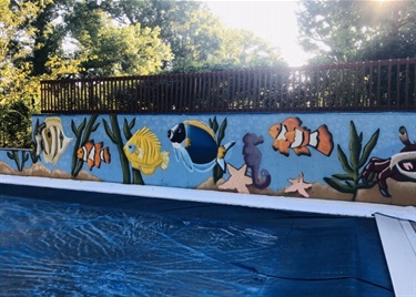 A mural painted on a building wall beside a pool. 