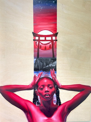 A painting of a person with their hands on the head.  