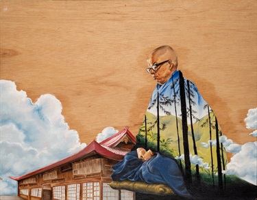 A painting of a seated person and a house. 