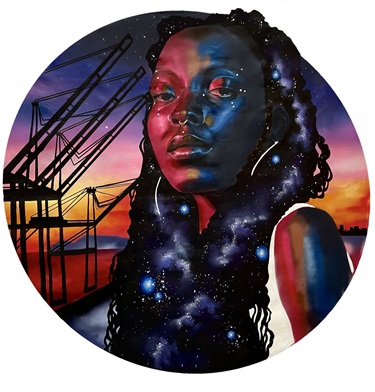 A painting of a person with cranes in the background.