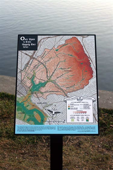 A podium with a sign installed at Lake Merritt.