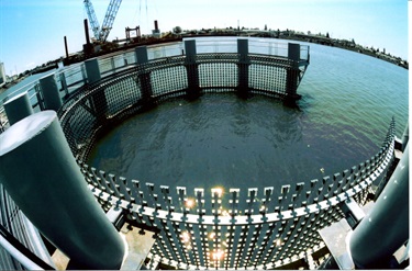 A circular pier extending into the Oakland Estuary.