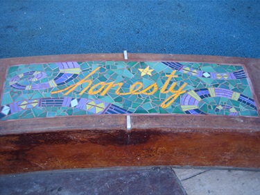 A colorful mosaic inset on the seatwalls at Willow Park. 