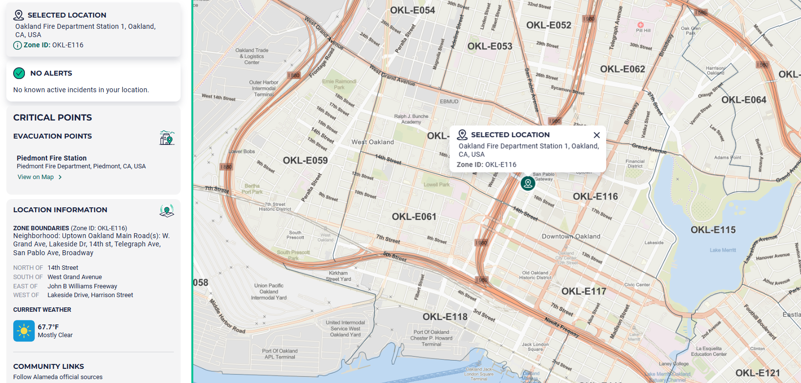 Screenshot of the Genasys Protect page showing a sample location in Oakland.