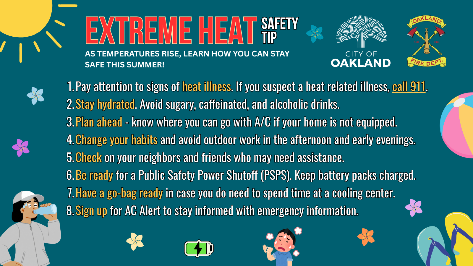 Extreme Heat Safety Tip graphic with cartoons of a person drinking water and another person hot and fanning themselves. Decorative background images include flowers, flip flops, and a beach ball.
