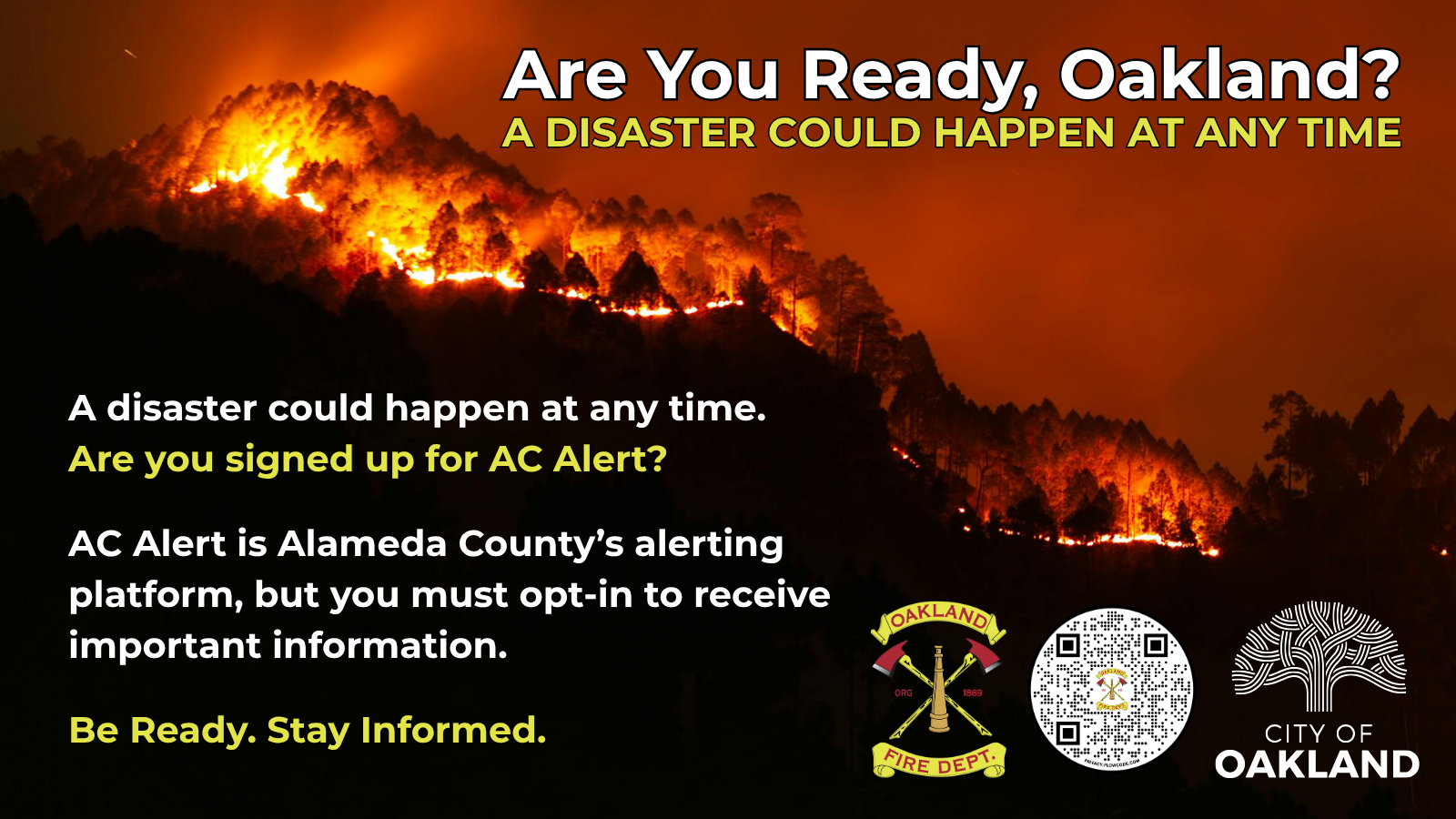 AC Alert sign up graphic with a background image of a hill on fire.