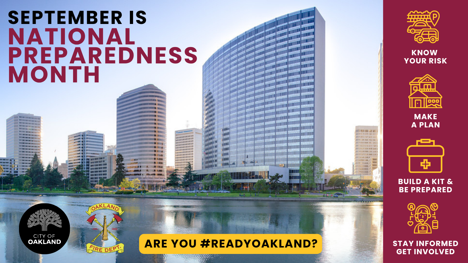 Decorative image highlighting September National Preparedness Month. Image is a view of buildings on the Lake Merritt waterfront during the daytime with blue skies. 