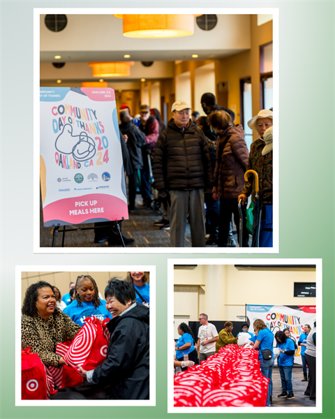 3 photos of people waiting in line and receiving food