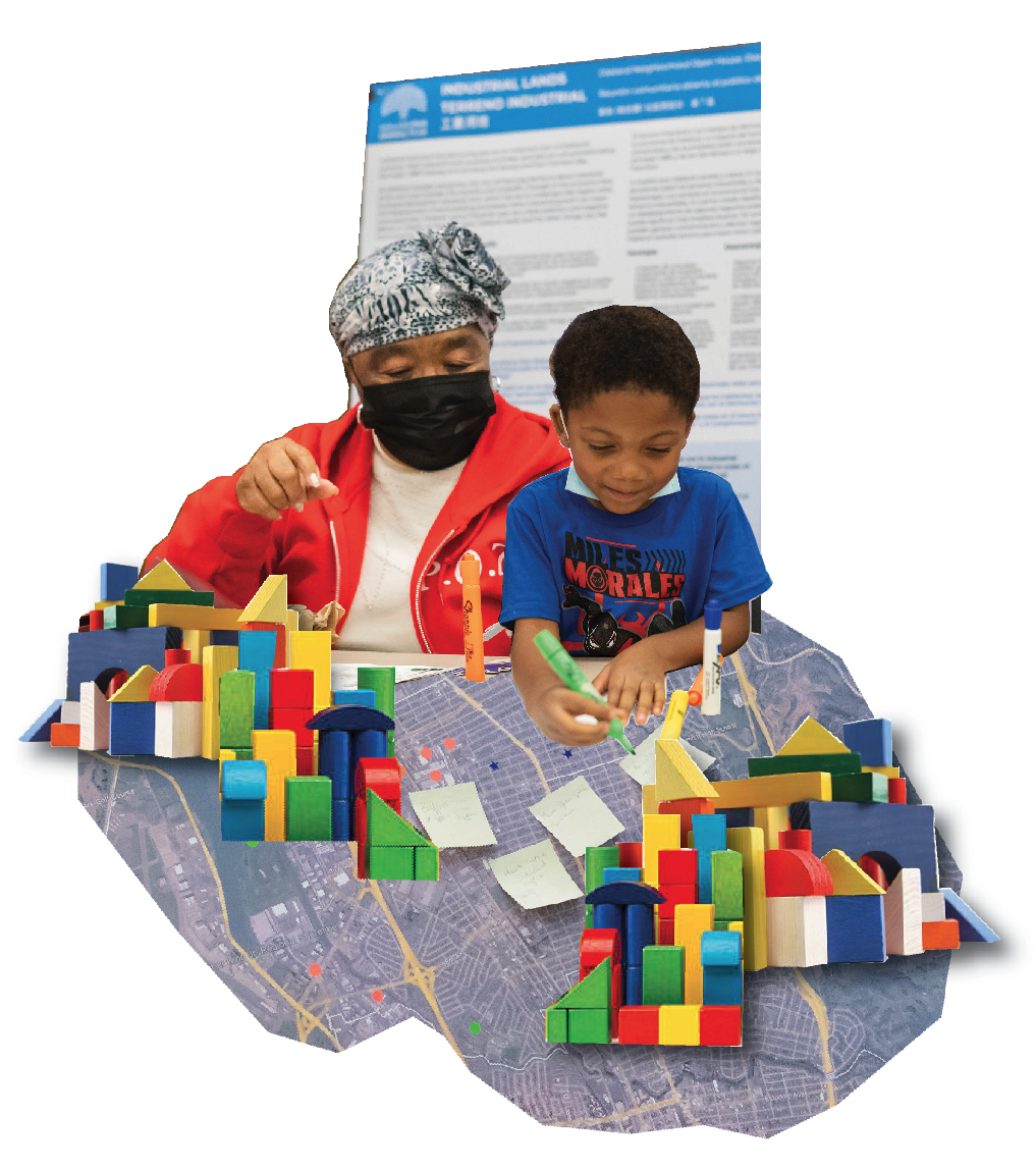 Collage of outreach activities showing two people of different generations engaging with a map of Oakland using blocks and sticky notes