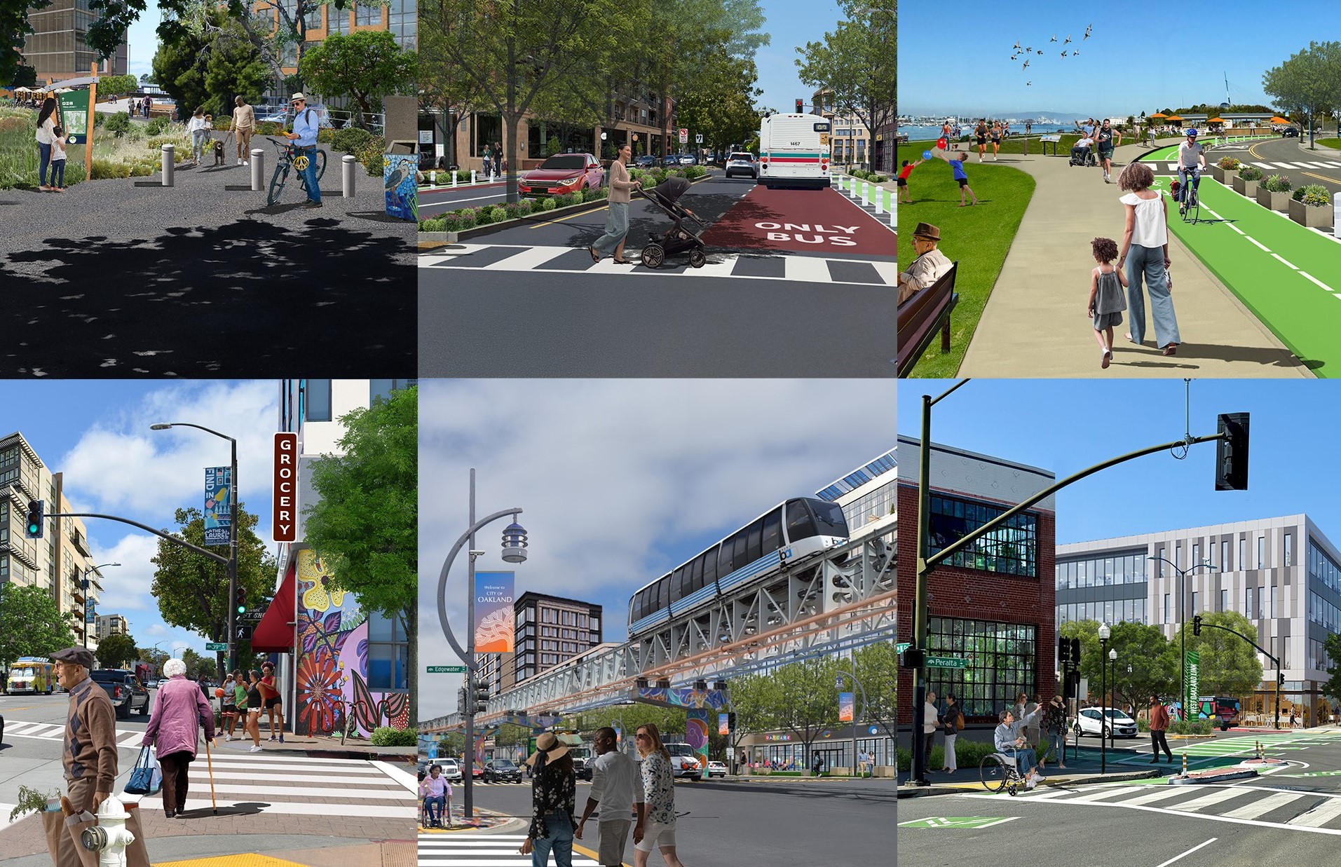 collage of renderings showing people doing activities around the city