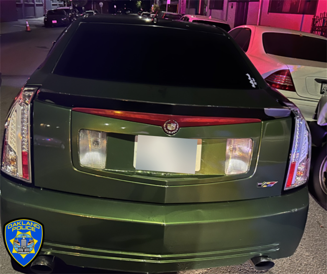 Green vehicle that was towed during an illegal sideshow