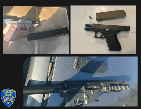 Photo of three recovered firearms and the OPD logo