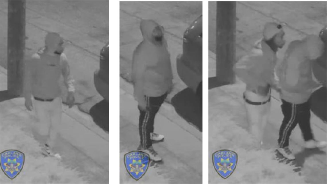 Three photos of two suspects. Suspect 1 in the first photo. Suspect 2 in the second photo. Both suspects in the third photo. 