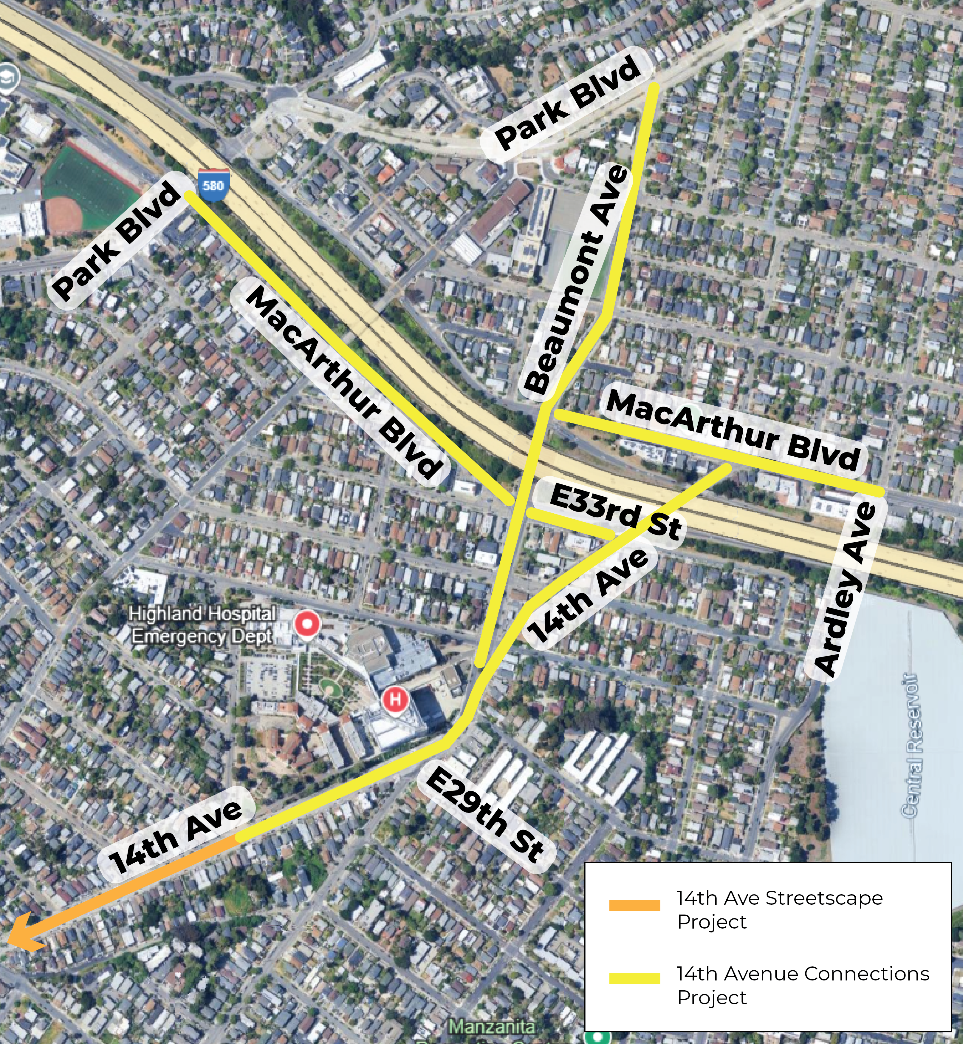 A map of the 14th Ave Connections project area which includes 14th Ave from E 29th St to MacArthur Blvd, Beaumont Ave from E 31st St to Park Blvd, MacArthur Blvd from Ardley Ave to Beaumont Ave, E 33rd St from 14th Ave to Beaumont Ave, and MacArthur Blvd from Park Blvd to 14th Ave. The 14th Ave Streetscapes project connects to the 14th Ave Connections project on 14th Ave at 29th St.