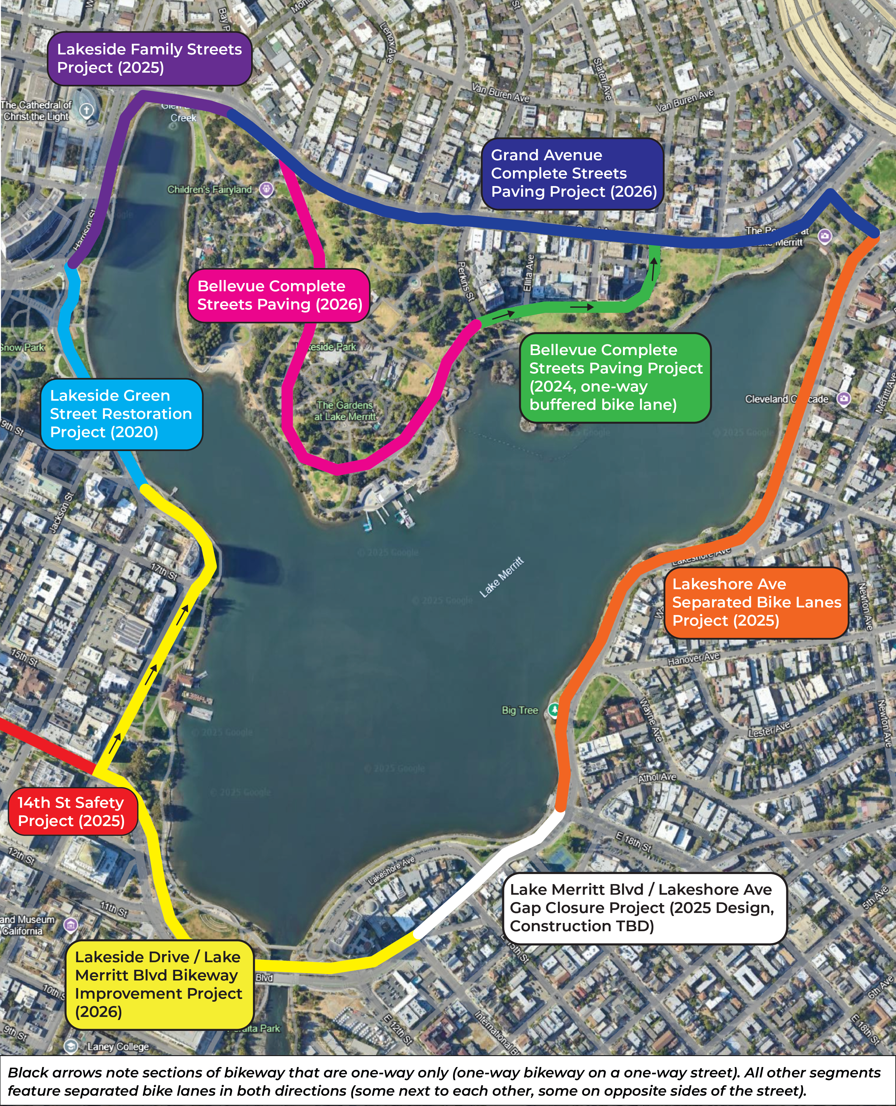 Map of street safety improvement projects around Lake Merritt