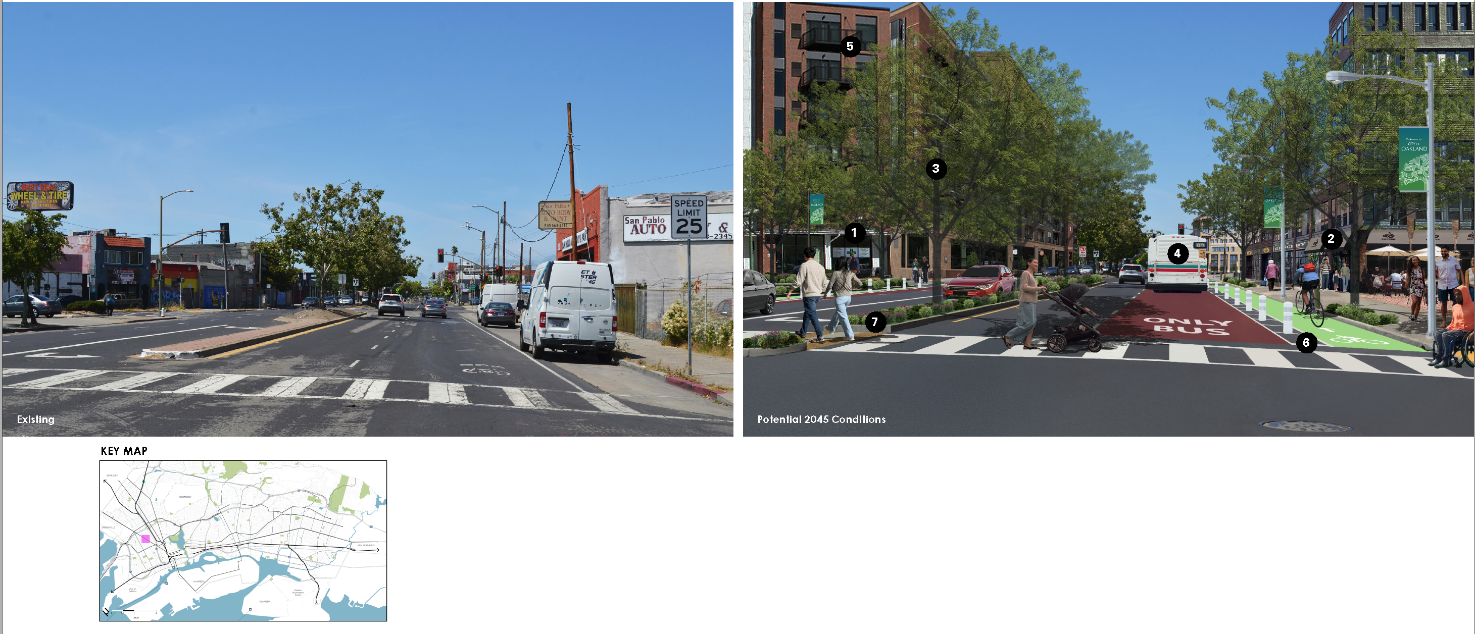 Photograph showing existing conditions and rendering showing a new mid-rise mixed-use buildings, new bike and bus lanes, new trees & landscaping, and new median.